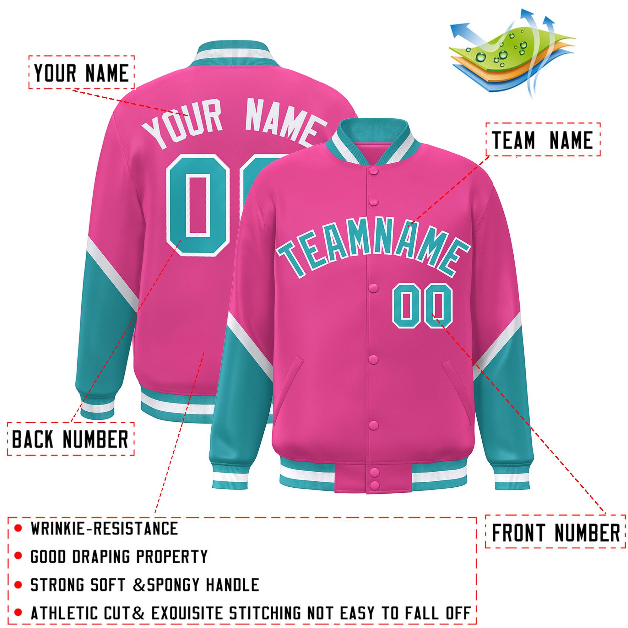 Custom Pink Aqua Varsity Full-Snap Color Block Letterman Baseball Jacket