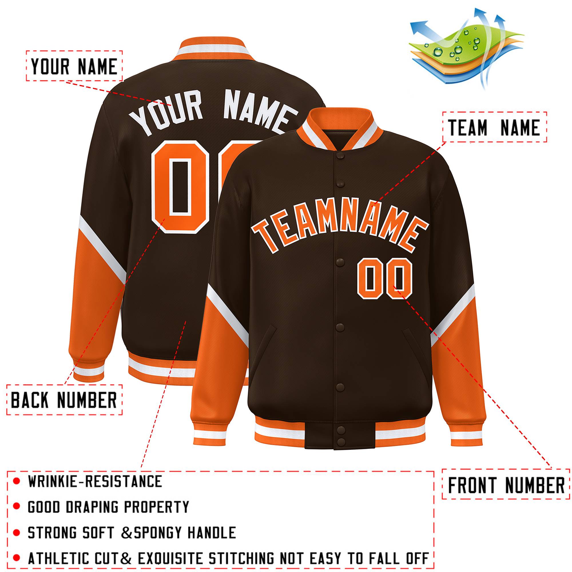 Custom Brown Orange Varsity Full-Snap Color Block Letterman Baseball Jacket