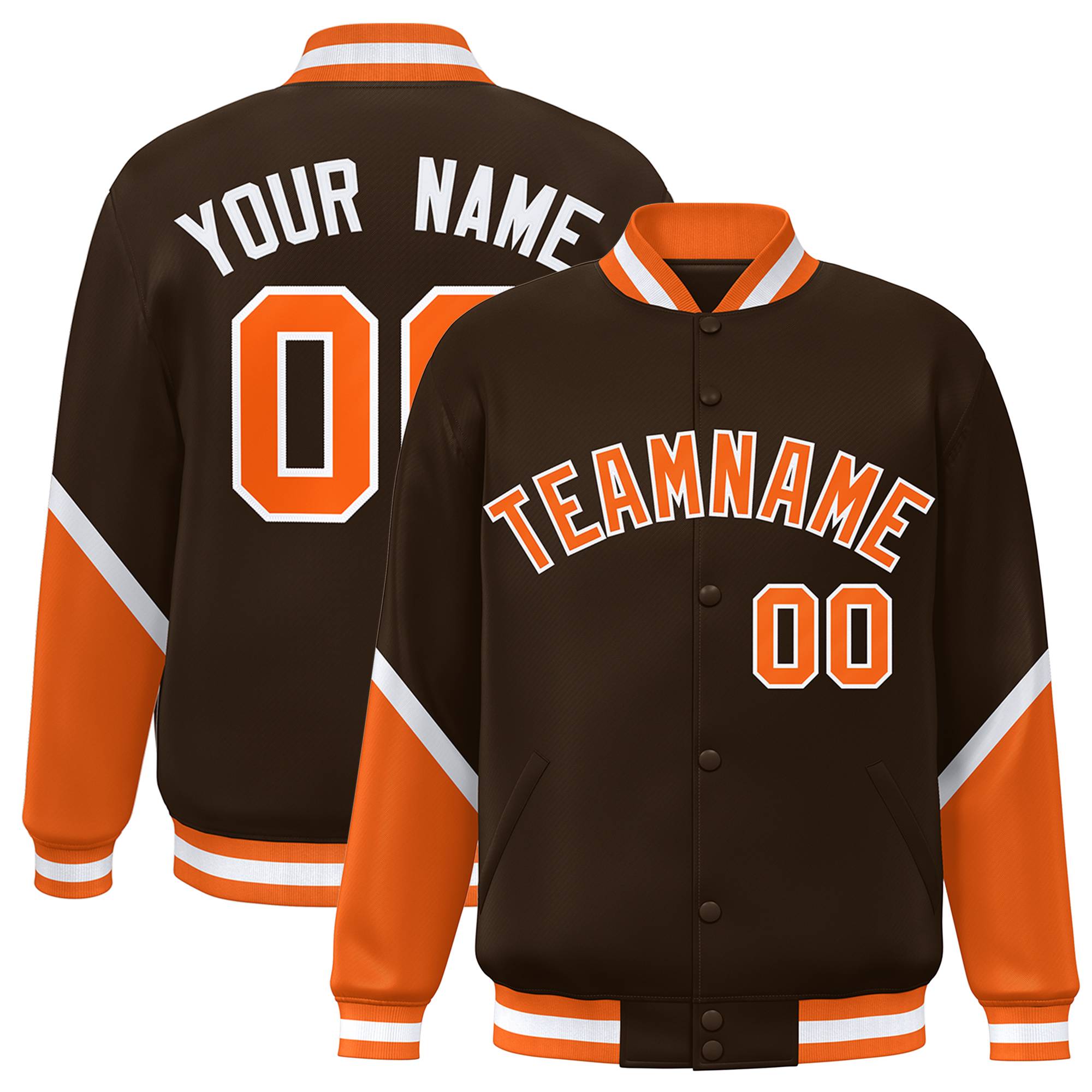 Custom Brown Orange Varsity Full-Snap Color Block Letterman Baseball Jacket