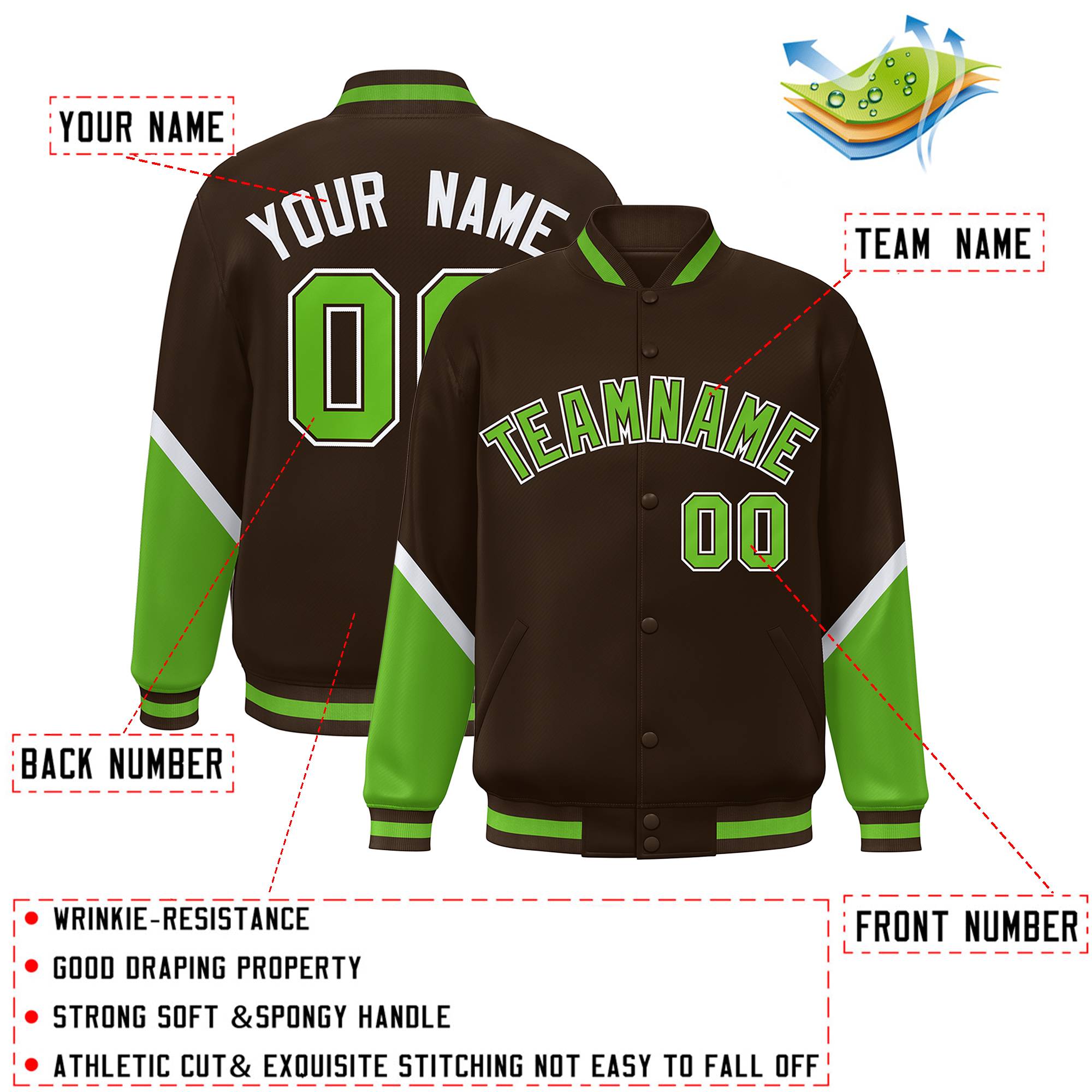 Custom Brown Green Varsity Full-Snap Color Block Letterman Baseball Jacket