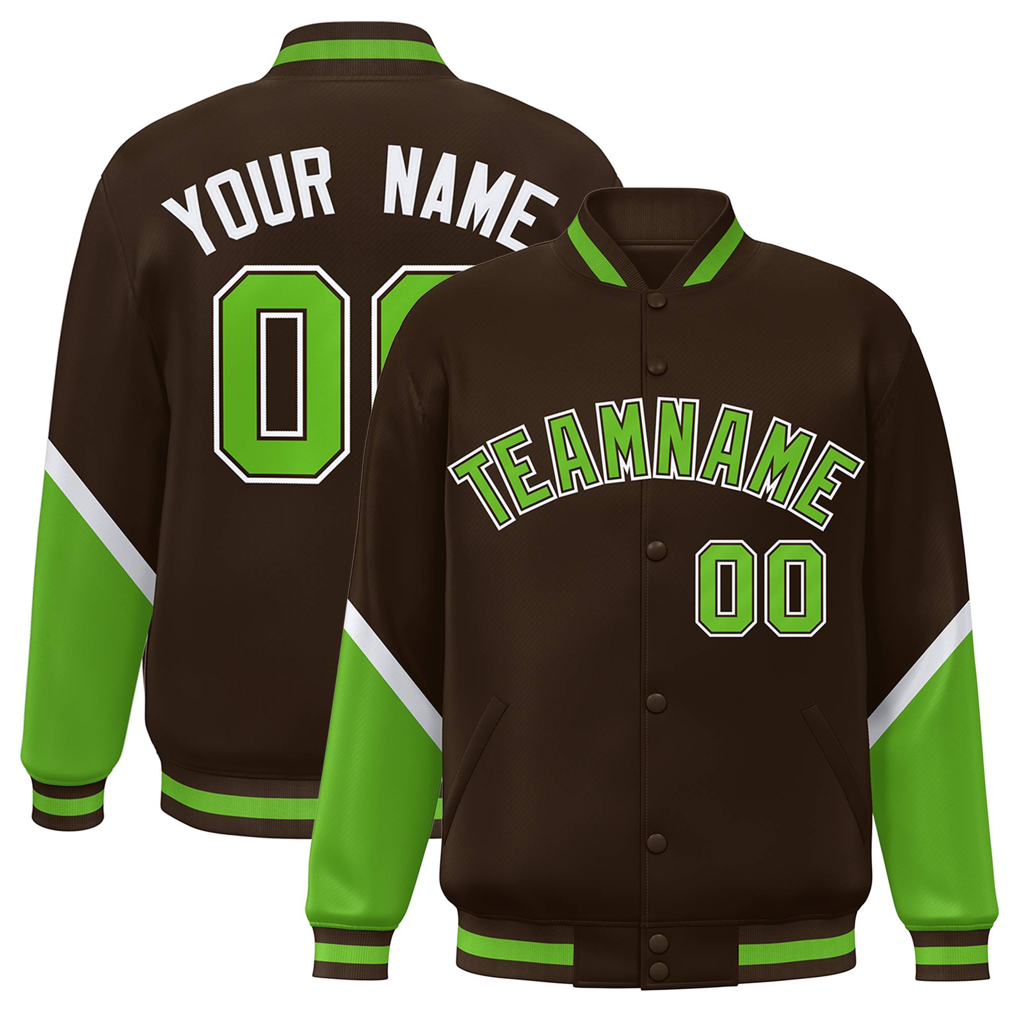 Custom Brown Green Varsity Full-Snap Color Block Letterman Baseball Jacket