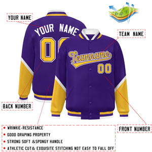 Custom Purple Gold Varsity Full-Snap Color Block Letterman Baseball Jacket