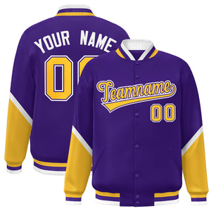 Custom Purple Gold Varsity Full-Snap Color Block Letterman Baseball Jacket