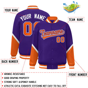 Custom Purple Orange Varsity Full-Snap Color Block Letterman Baseball Jacket