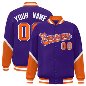 Custom Purple Orange Varsity Full-Snap Color Block Letterman Baseball Jacket