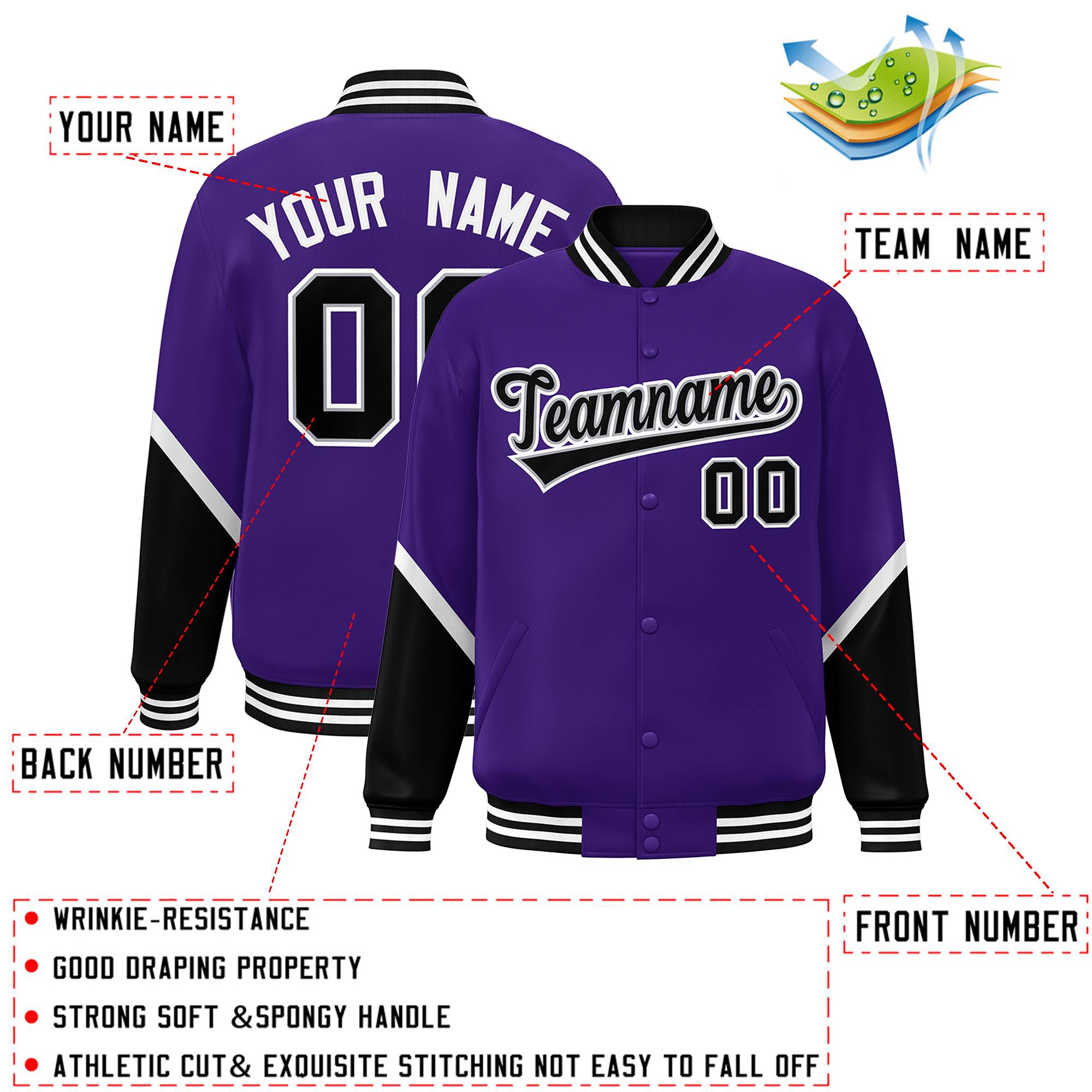 Custom Purple Black Varsity Full-Snap Color Block Letterman Baseball Jacket