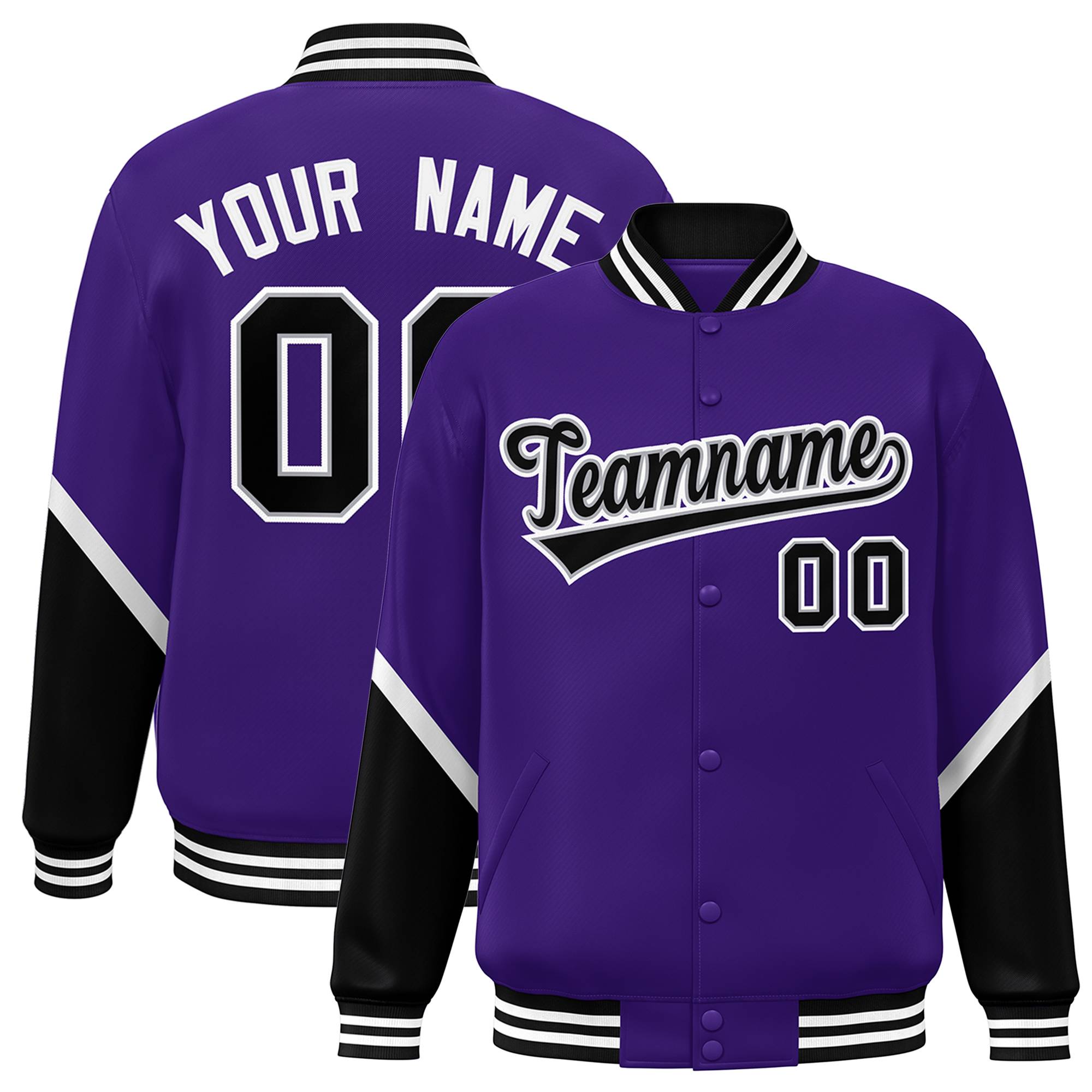 Custom Purple Black Varsity Full-Snap Color Block Letterman Baseball Jacket