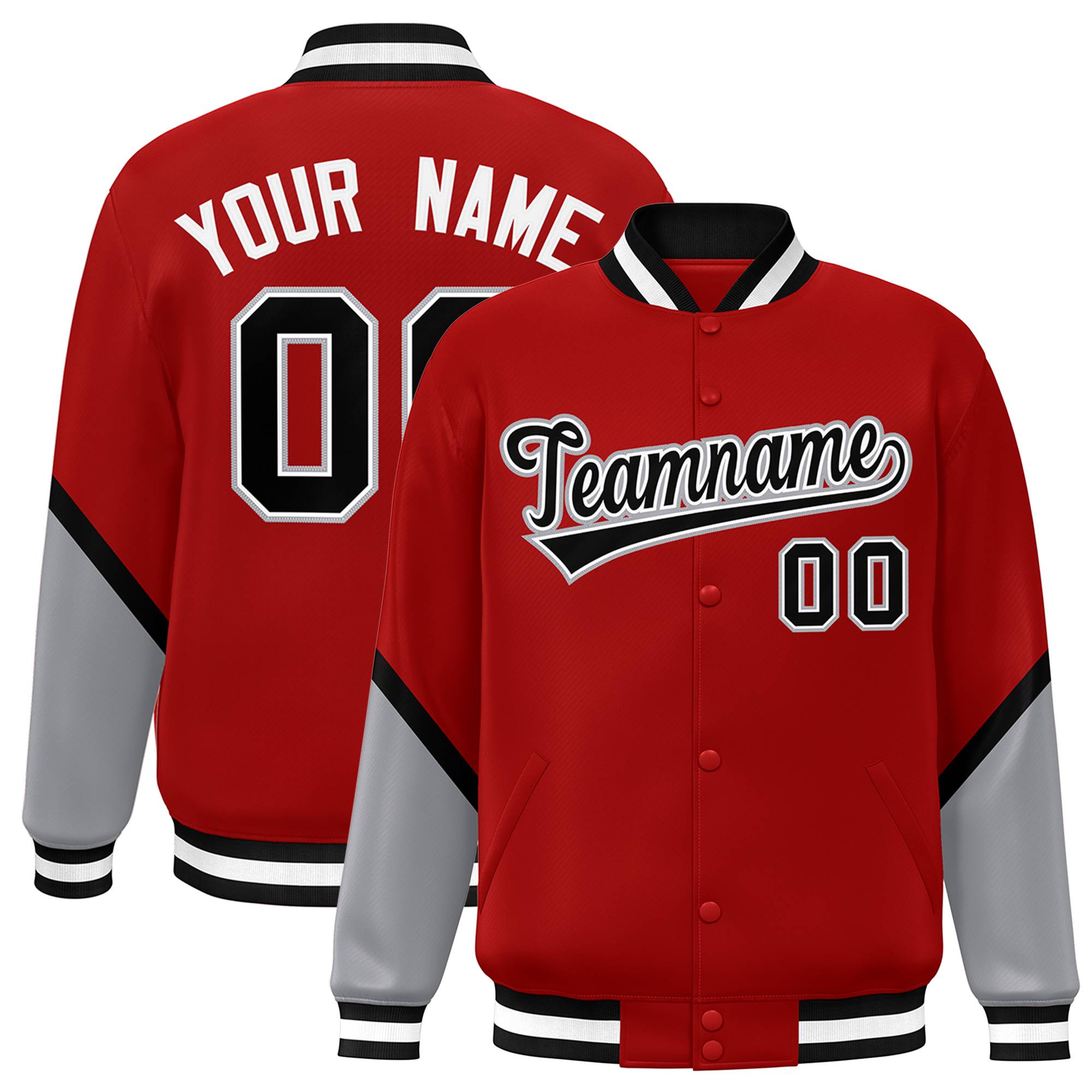 Custom Red Gray Varsity Full-Snap Color Block Letterman Baseball Jacket