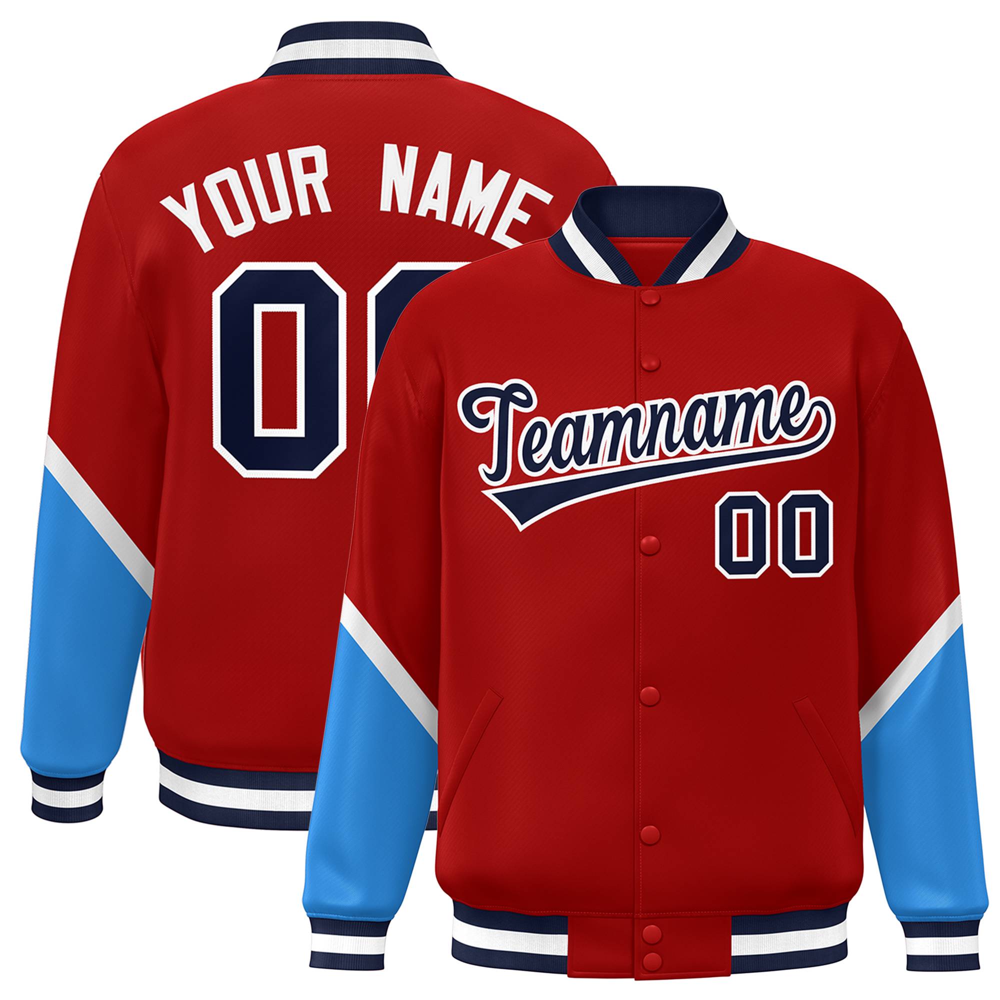 Custom Red Powder Blue Varsity Full-Snap Color Block Letterman Baseball Jacket