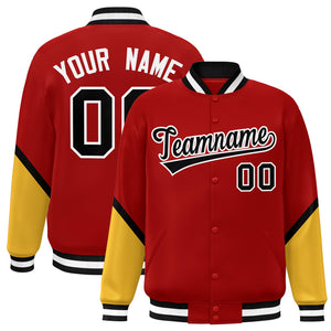 Custom Red Gold Varsity Full-Snap Color Block Letterman Baseball Jacket