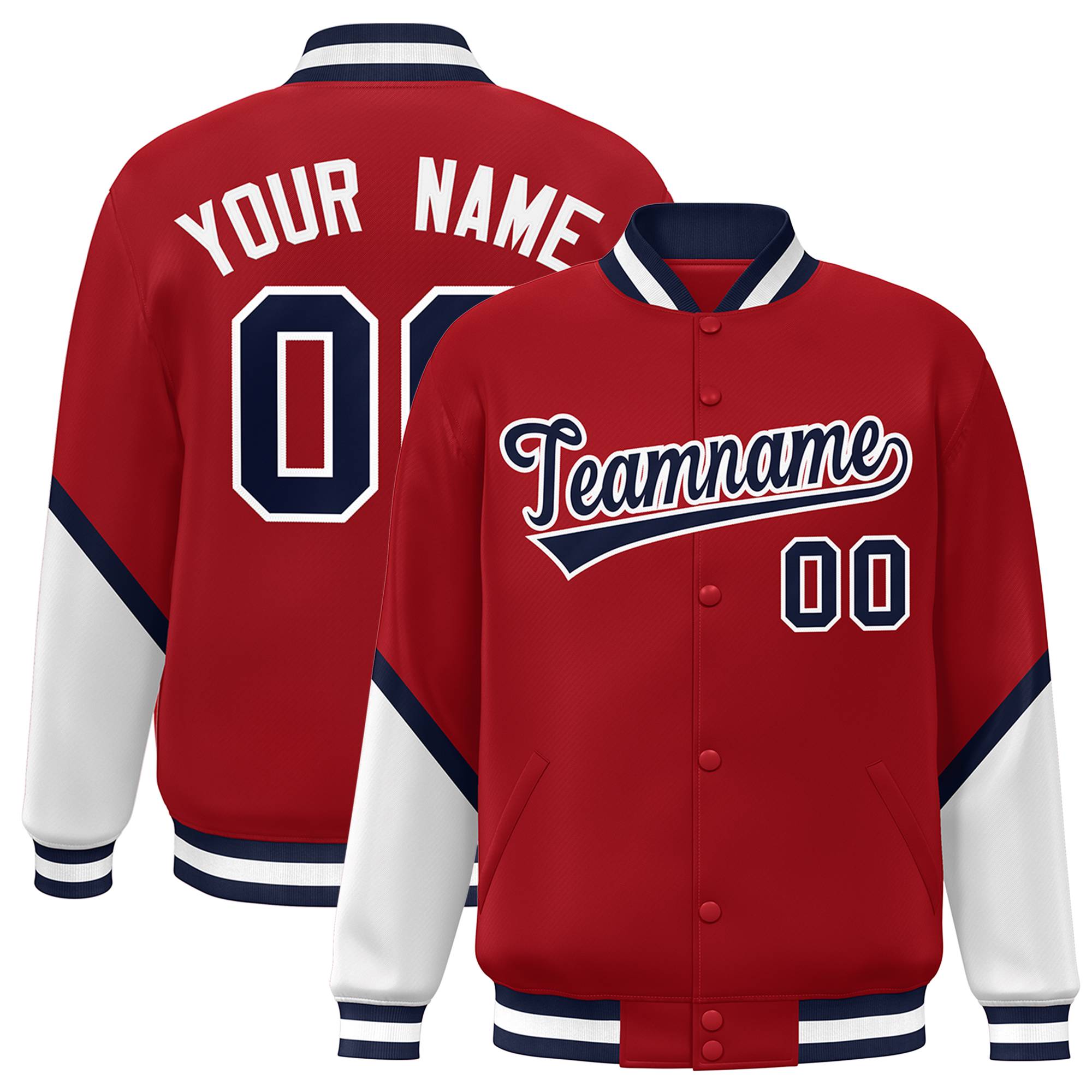 Custom Red White Varsity Full-Snap Color Block Letterman Baseball Jacket