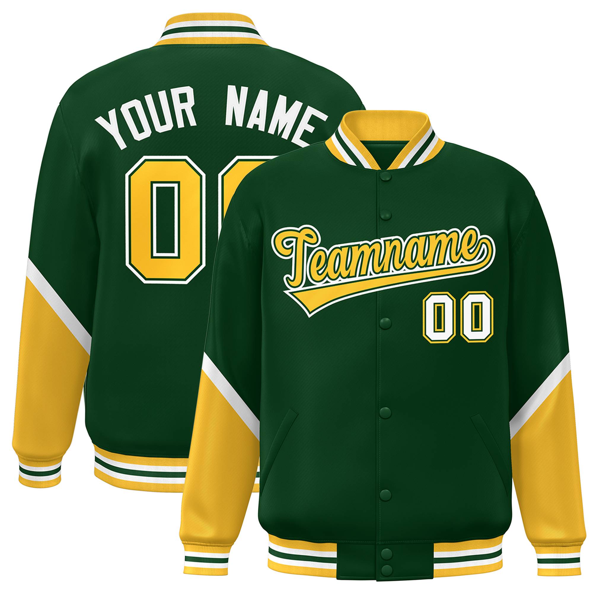 Custom Green Gold Varsity Full-Snap Color Block Letterman Baseball Jacket