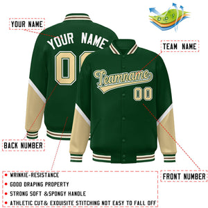 Custom Green Khaki Varsity Full-Snap Color Block Letterman Baseball Jacket