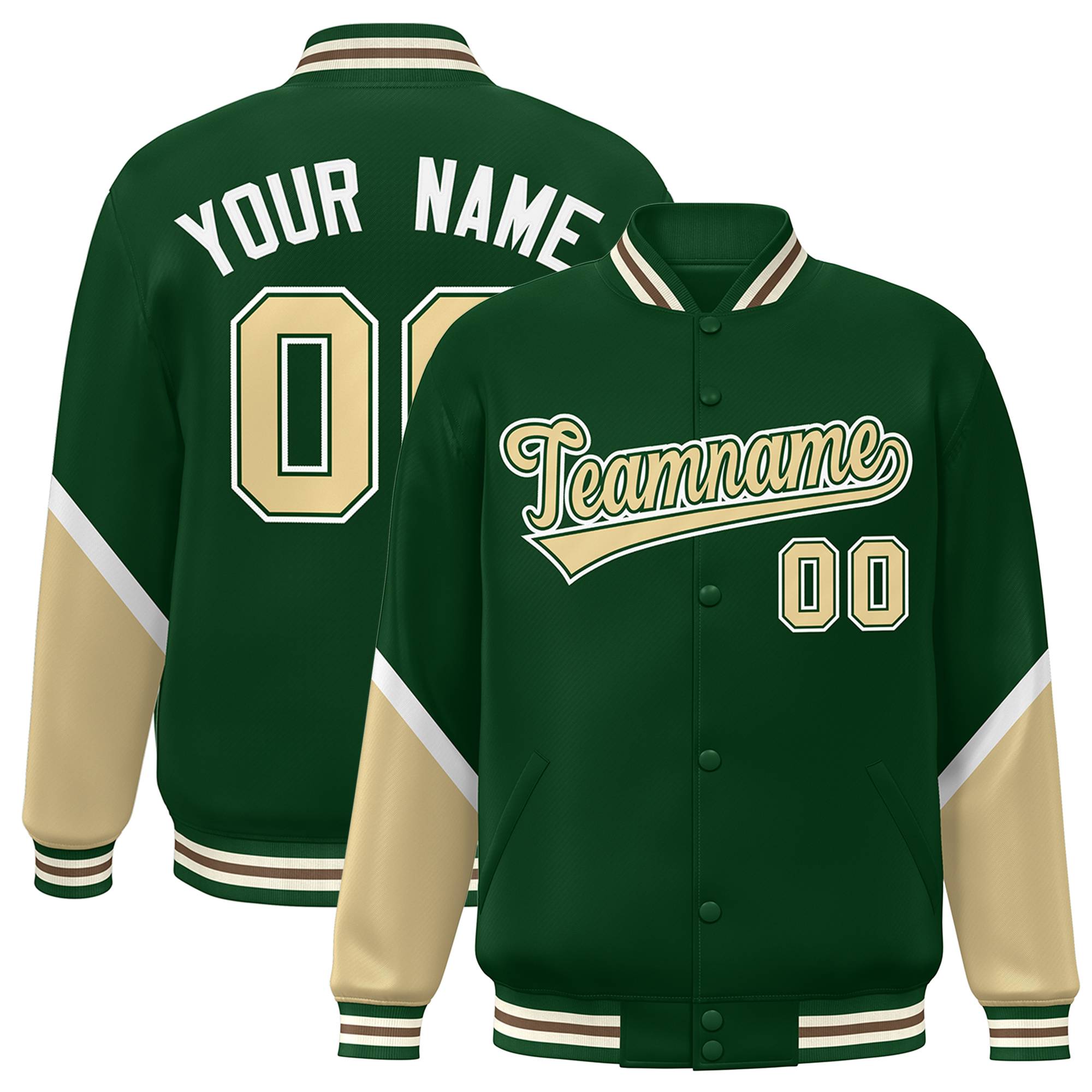 Custom Green Khaki Varsity Full-Snap Color Block Letterman Baseball Jacket