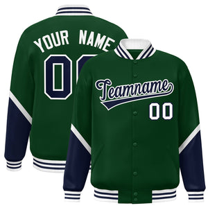 Custom Green Navy Varsity Full-Snap Color Block Letterman Baseball Jacket