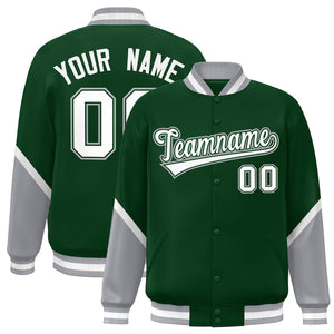 Custom Green Gray Varsity Full-Snap Color Block Letterman Baseball Jacket