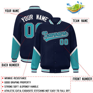 Custom Navy Aqua Varsity Full-Snap Color Block Letterman Baseball Jacket