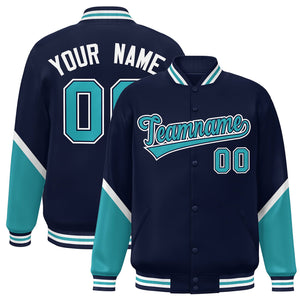 Custom Navy Aqua Varsity Full-Snap Color Block Letterman Baseball Jacket