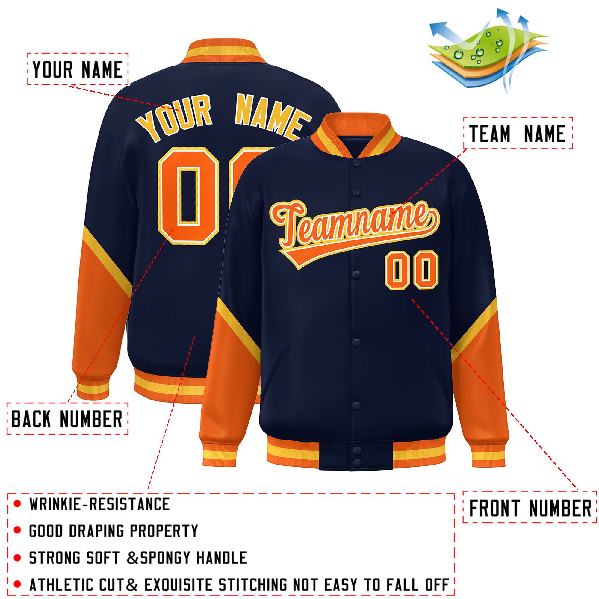 Custom Navy Orange Varsity Full-Snap Color Block Letterman Baseball Jacket