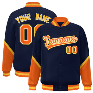 Custom Navy Orange Varsity Full-Snap Color Block Letterman Baseball Jacket