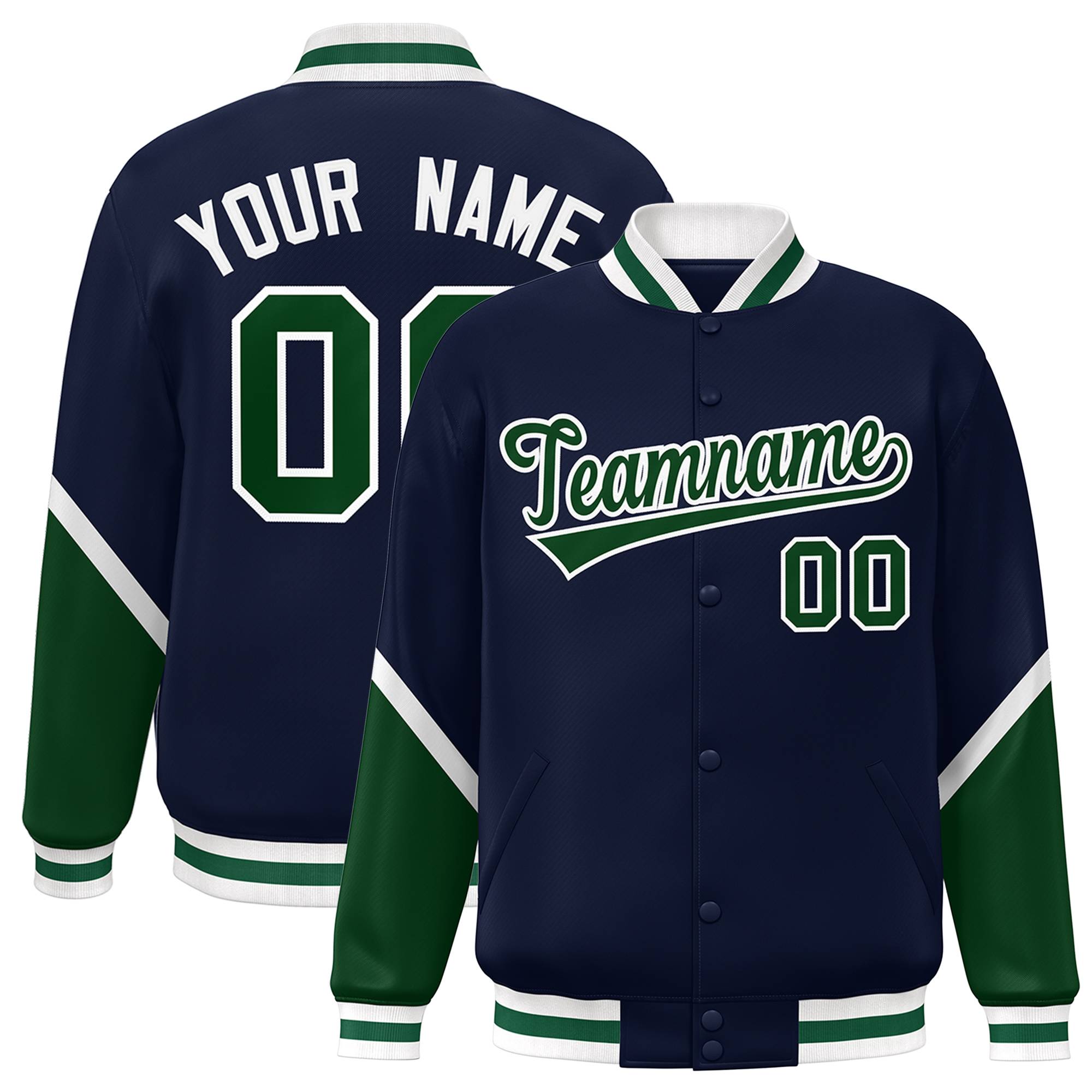 Custom Navy Green Varsity Full-Snap Color Block Letterman Baseball Jacket