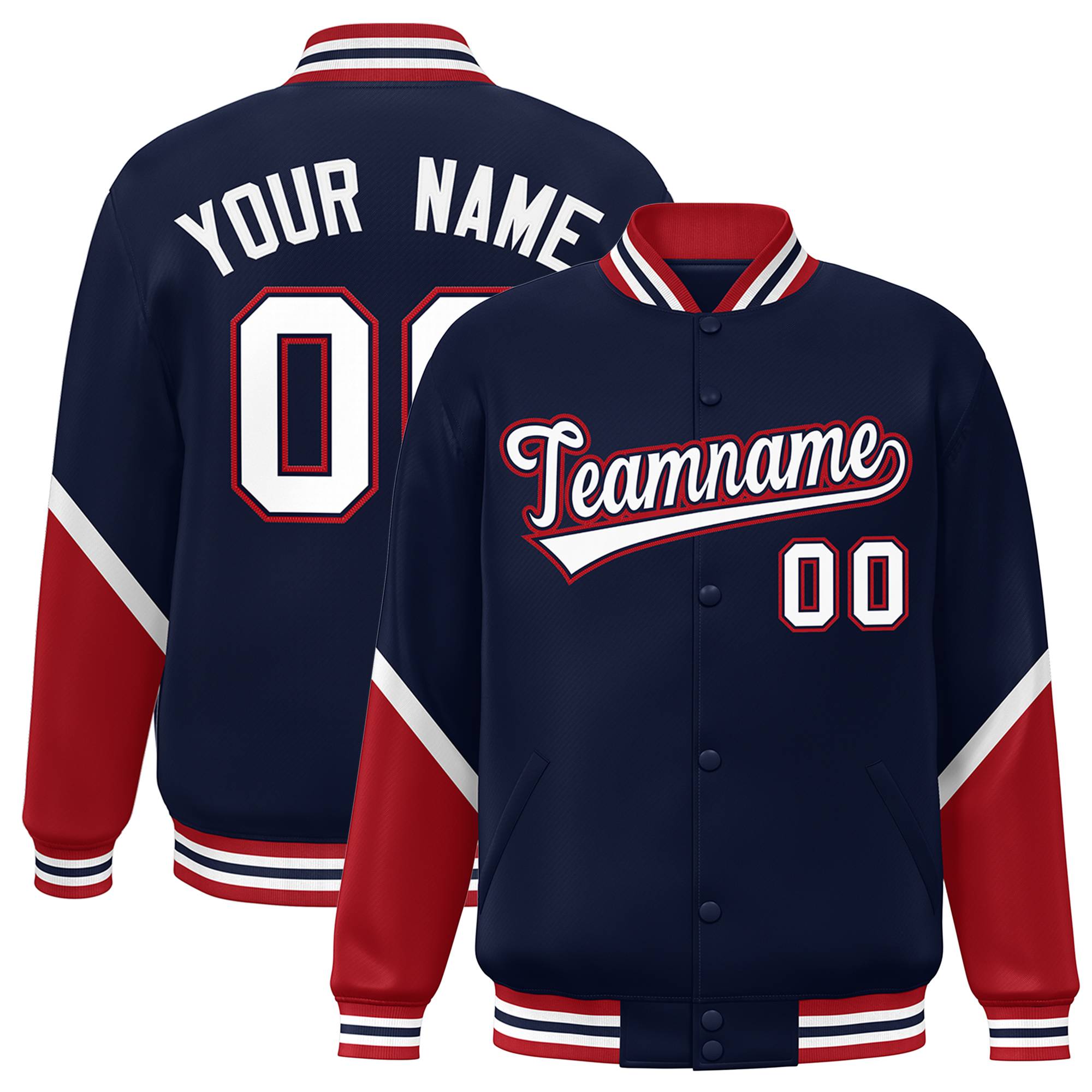 Custom Navy Red Varsity Full-Snap Color Block Letterman Baseball Jacket