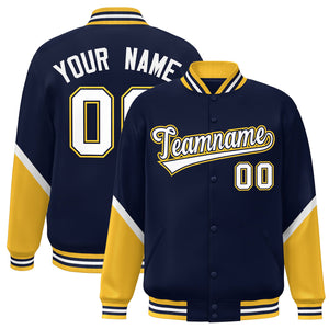 Custom Navy Gold Varsity Full-Snap Color Block Letterman Baseball Jacket