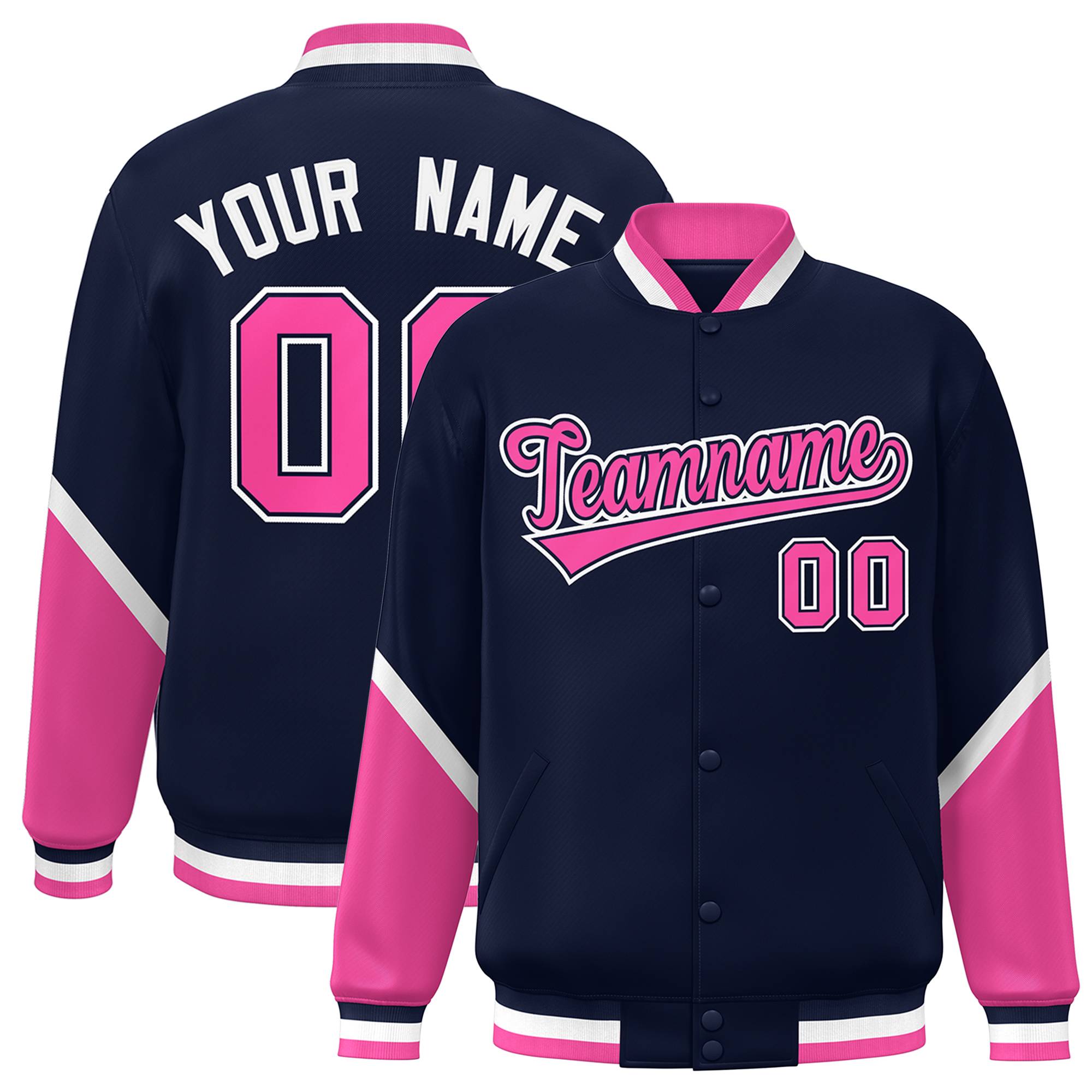 Custom Navy Pink Varsity Full-Snap Color Block Letterman Baseball Jacket