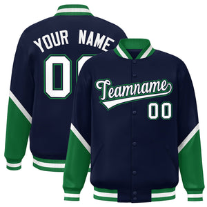 Custom Navy Kelly Green Varsity Full-Snap Color Block Letterman Baseball Jacket