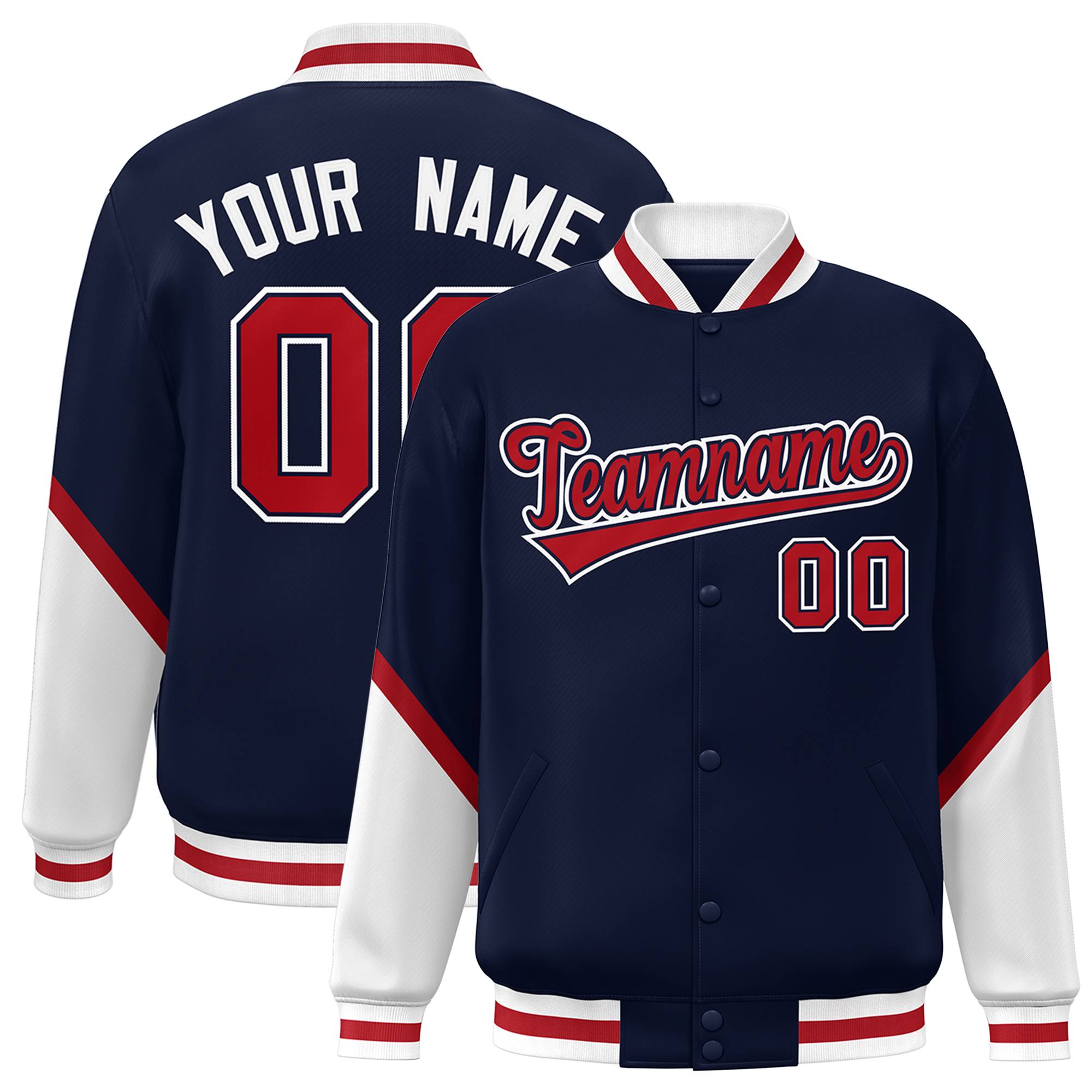 Custom Navy White Varsity Full-Snap Color Block Letterman Baseball Jacket