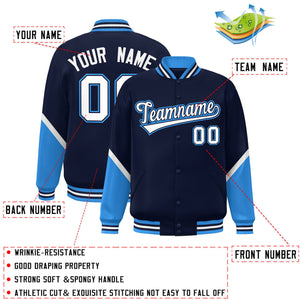 Custom Navy Powder Blue Varsity Full-Snap Color Block Letterman Baseball Jacket