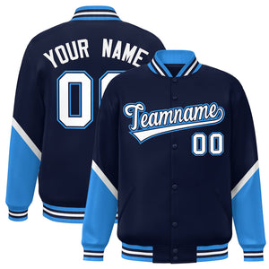 Custom Navy Powder Blue Varsity Full-Snap Color Block Letterman Baseball Jacket