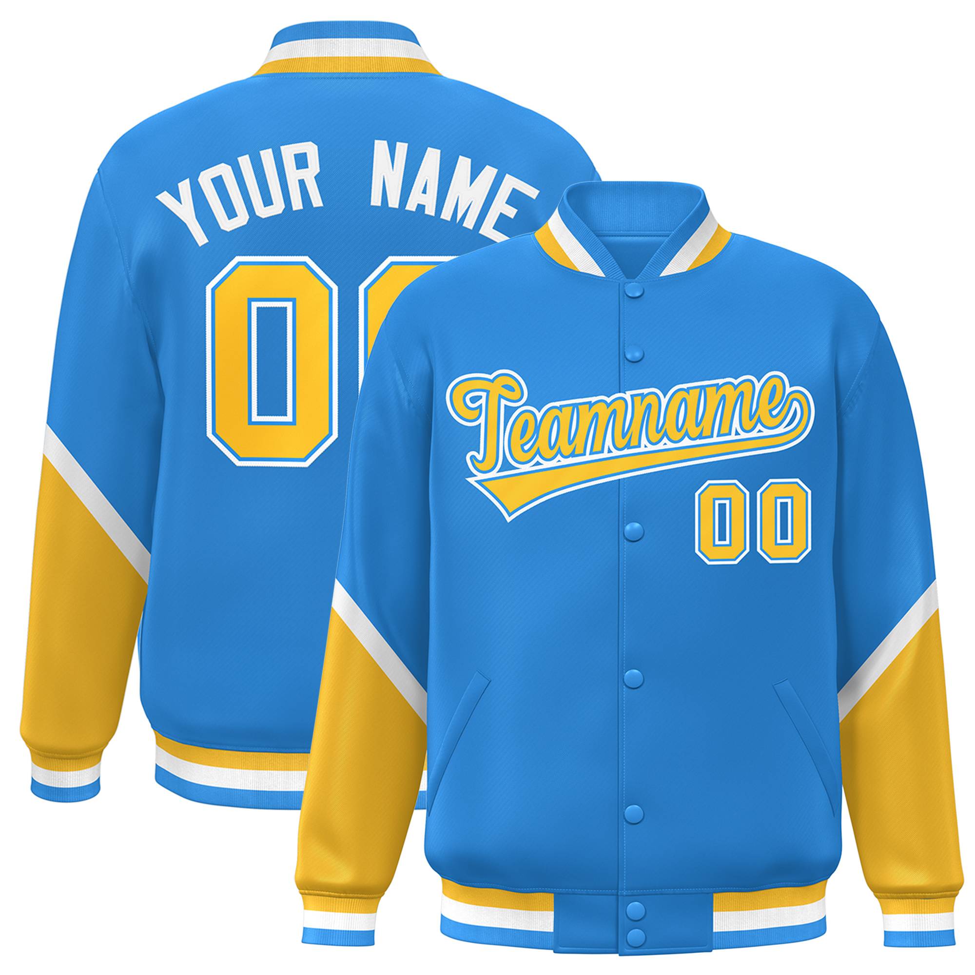 Custom Powder Blue Gold Varsity Full-Snap Color Block Letterman Baseball Jacket