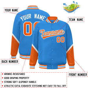 Custom Powder Blue Orange Varsity Full-Snap Color Block Letterman Baseball Jacket