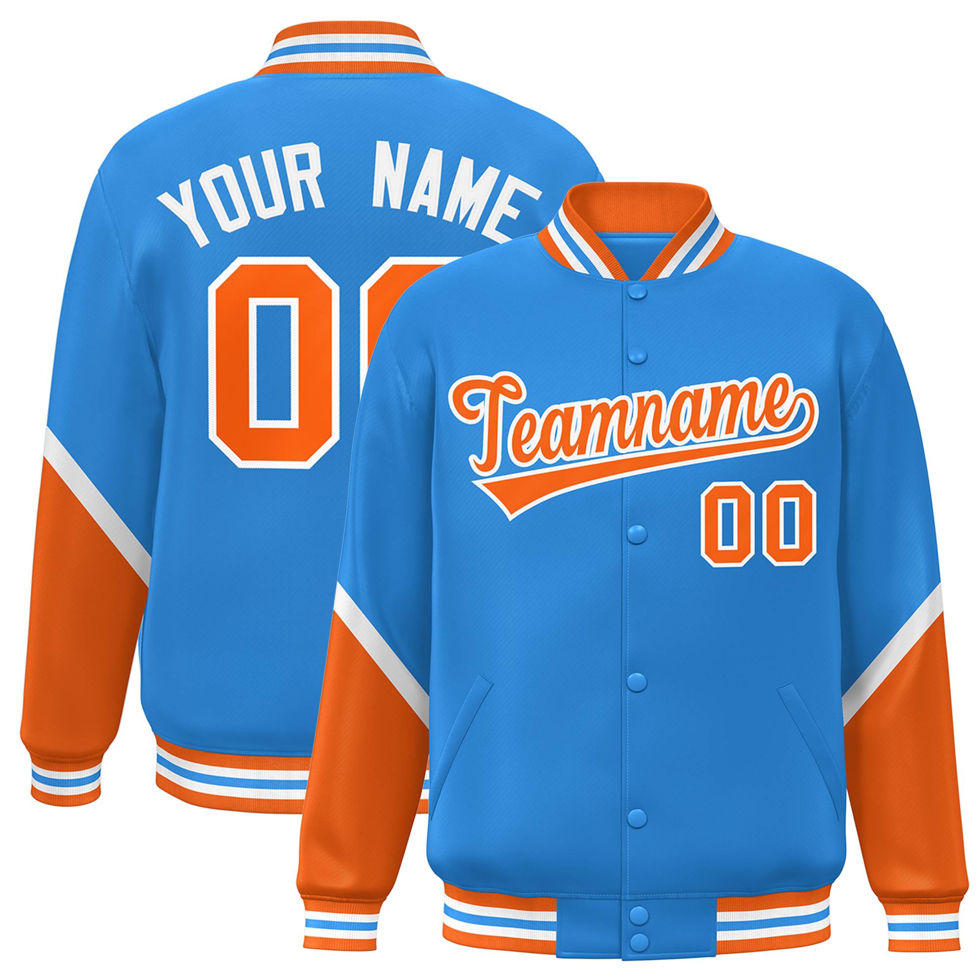 Custom Powder Blue Orange Varsity Full-Snap Color Block Letterman Baseball Jacket