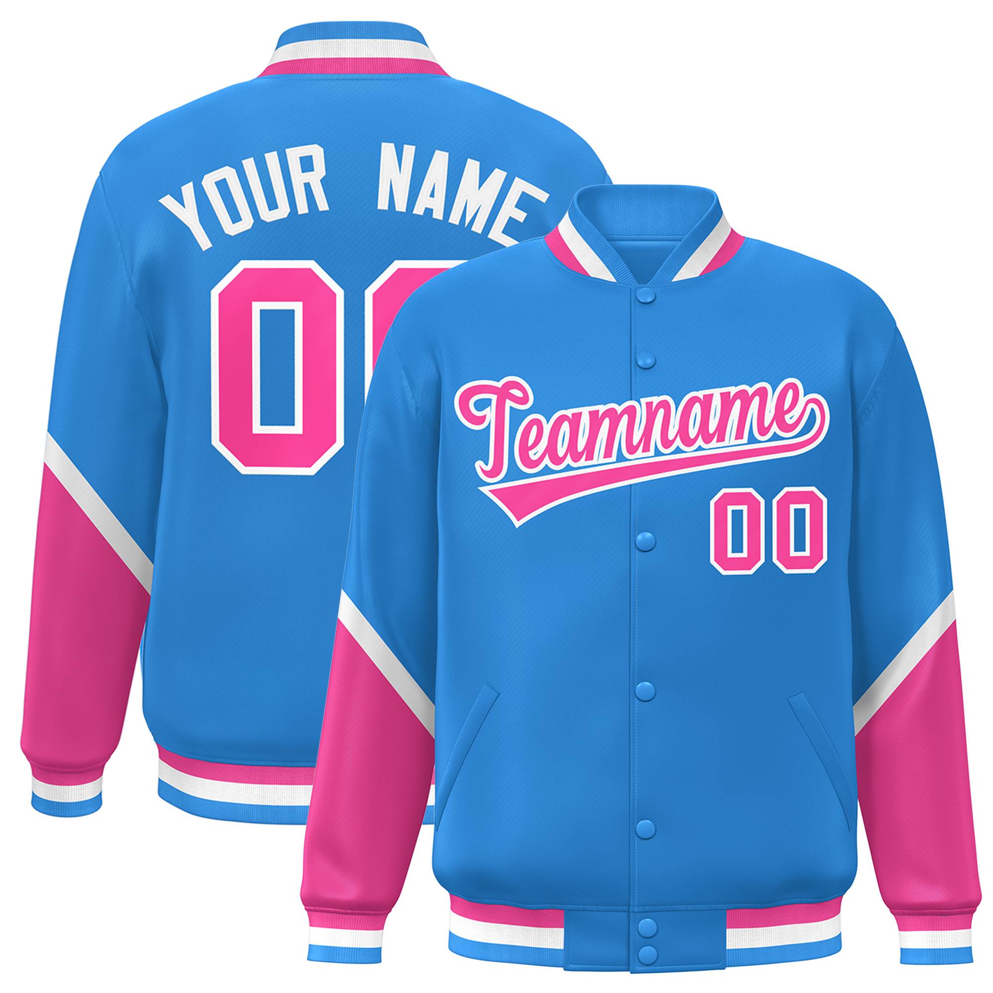 Custom Powder Blue Pink Varsity Full-Snap Color Block Letterman Baseball Jacket