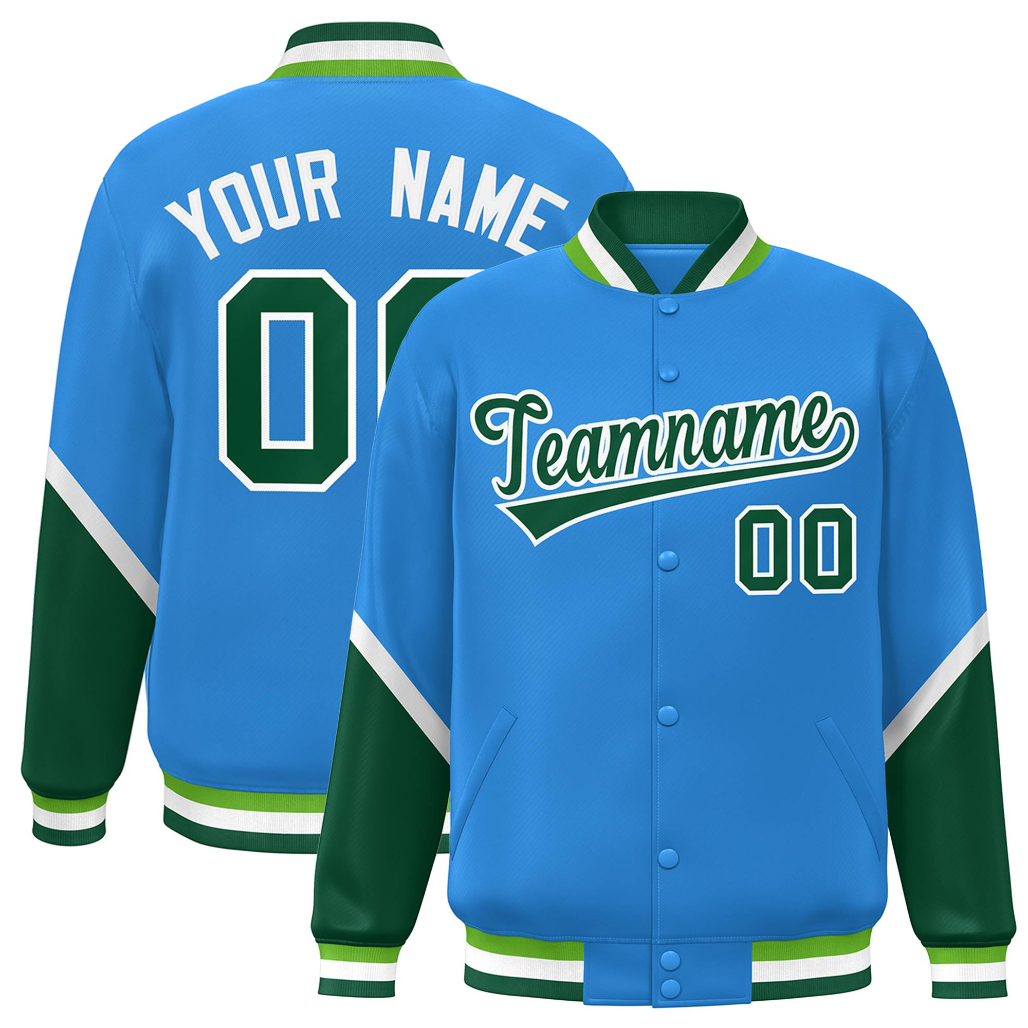 Custom Powder Blue Green Varsity Full-Snap Color Block Letterman Baseball Jacket