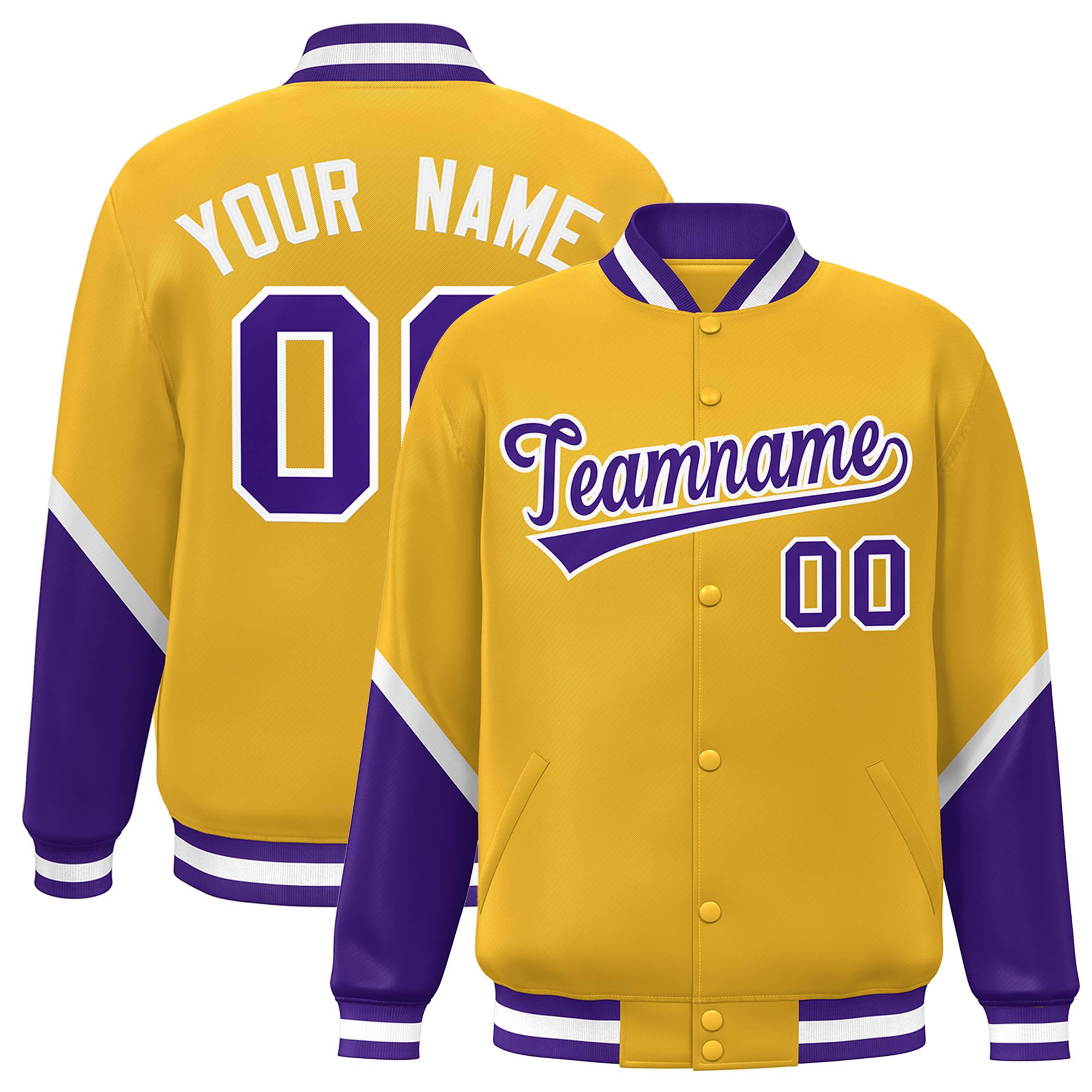 Custom Gold Purple Varsity Full-Snap Color Block Letterman Baseball Jacket