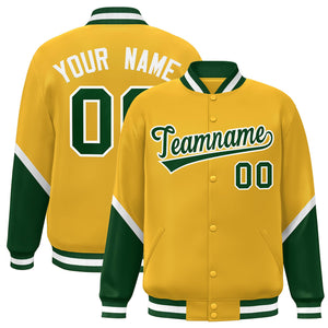 Custom Gold Green Varsity Full-Snap Color Block Letterman Baseball Jacket