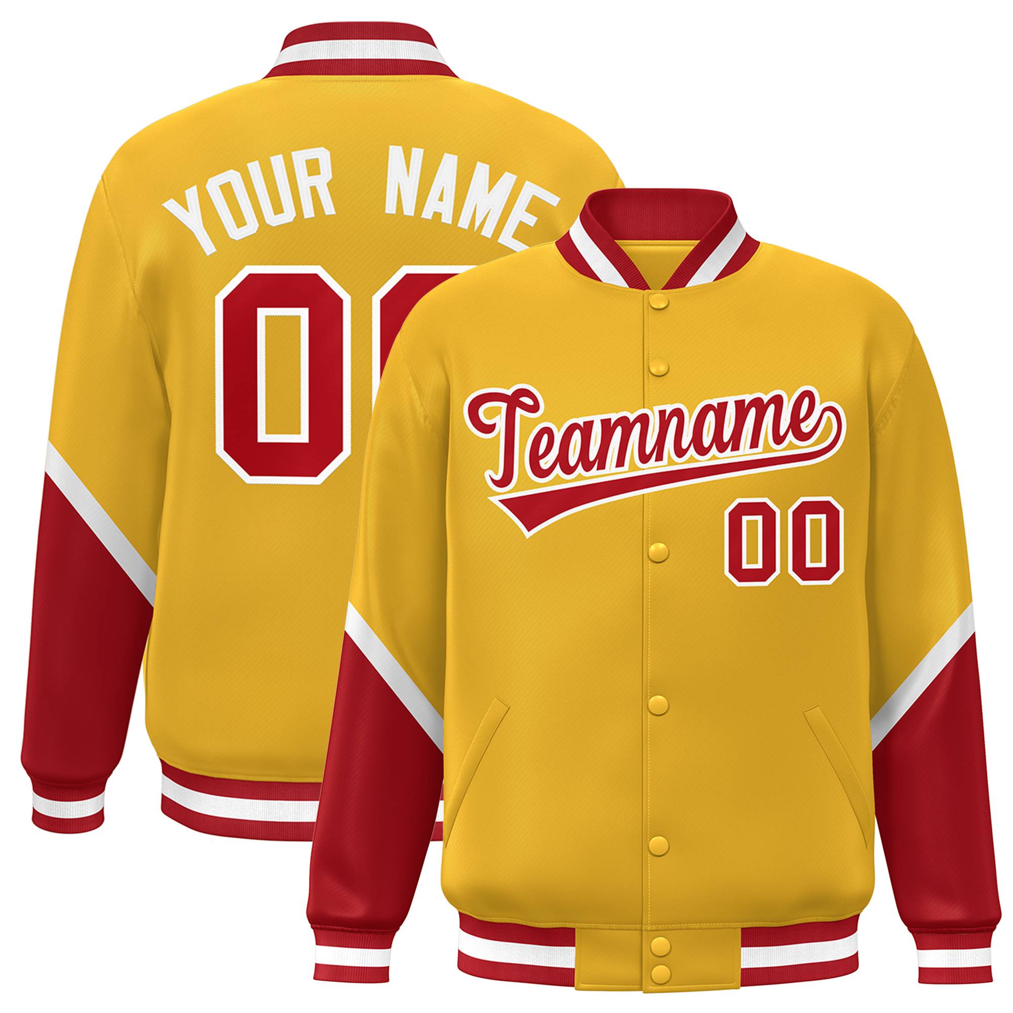 Custom Gold Red Varsity Full-Snap Color Block Letterman Baseball Jacket