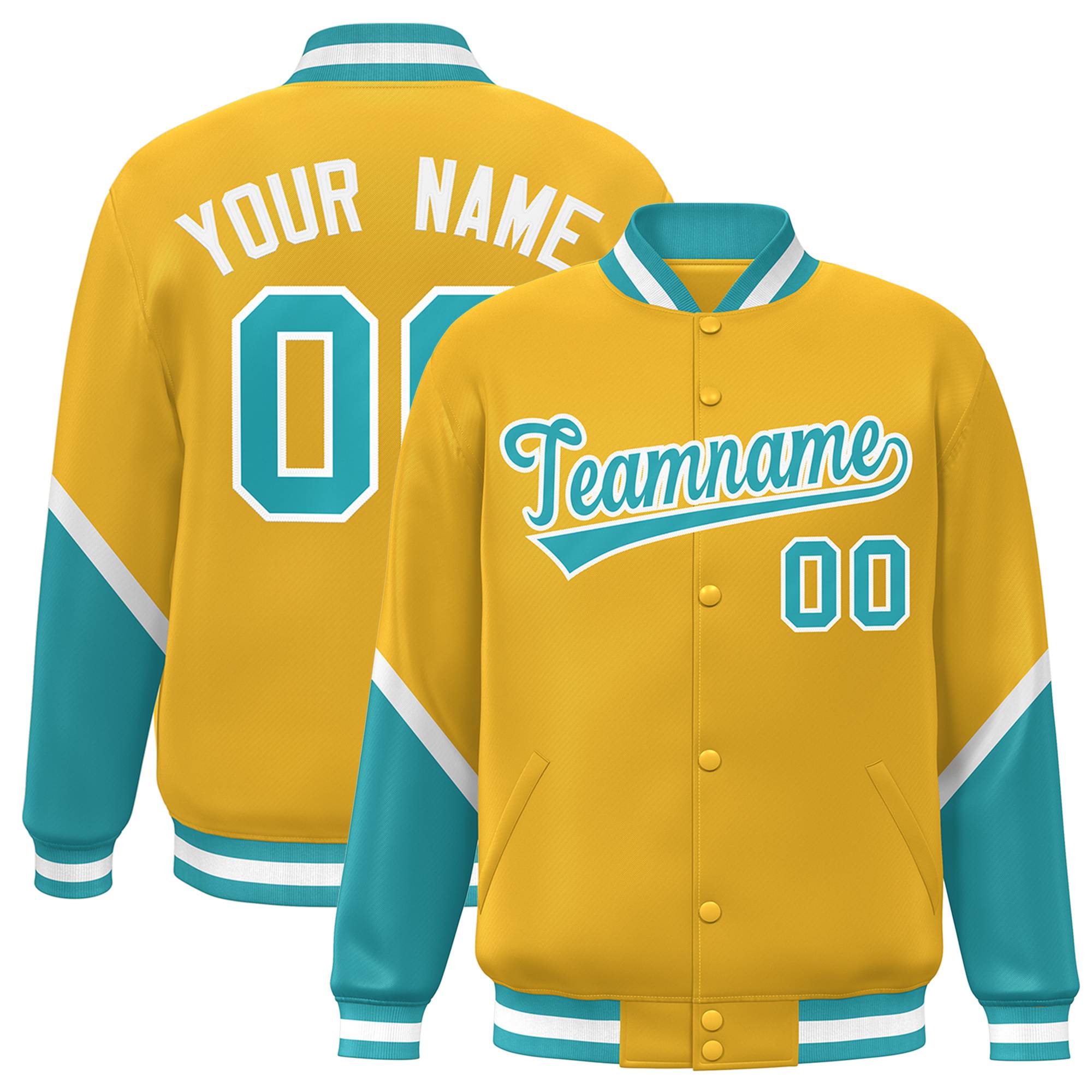 Custom Gold Aqua Varsity Full-Snap Color Block Letterman Baseball Jacket