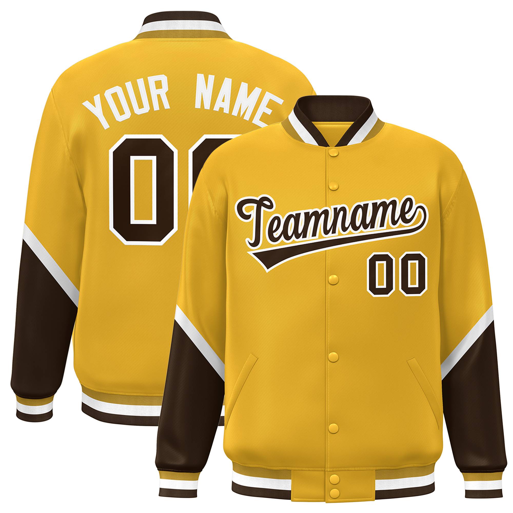 Custom Gold Brown Varsity Full-Snap Color Block Letterman Baseball Jacket