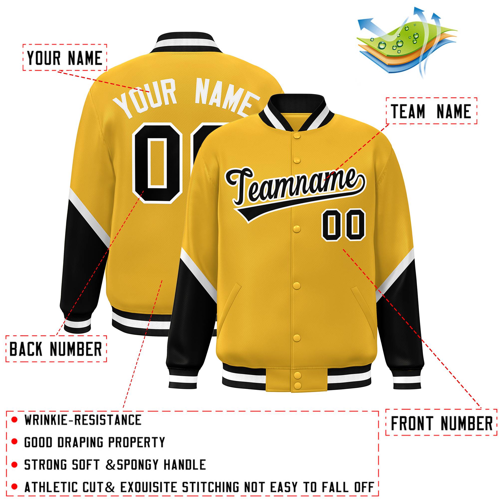 Custom Gold Black Varsity Full-Snap Color Block Letterman Baseball Jacket