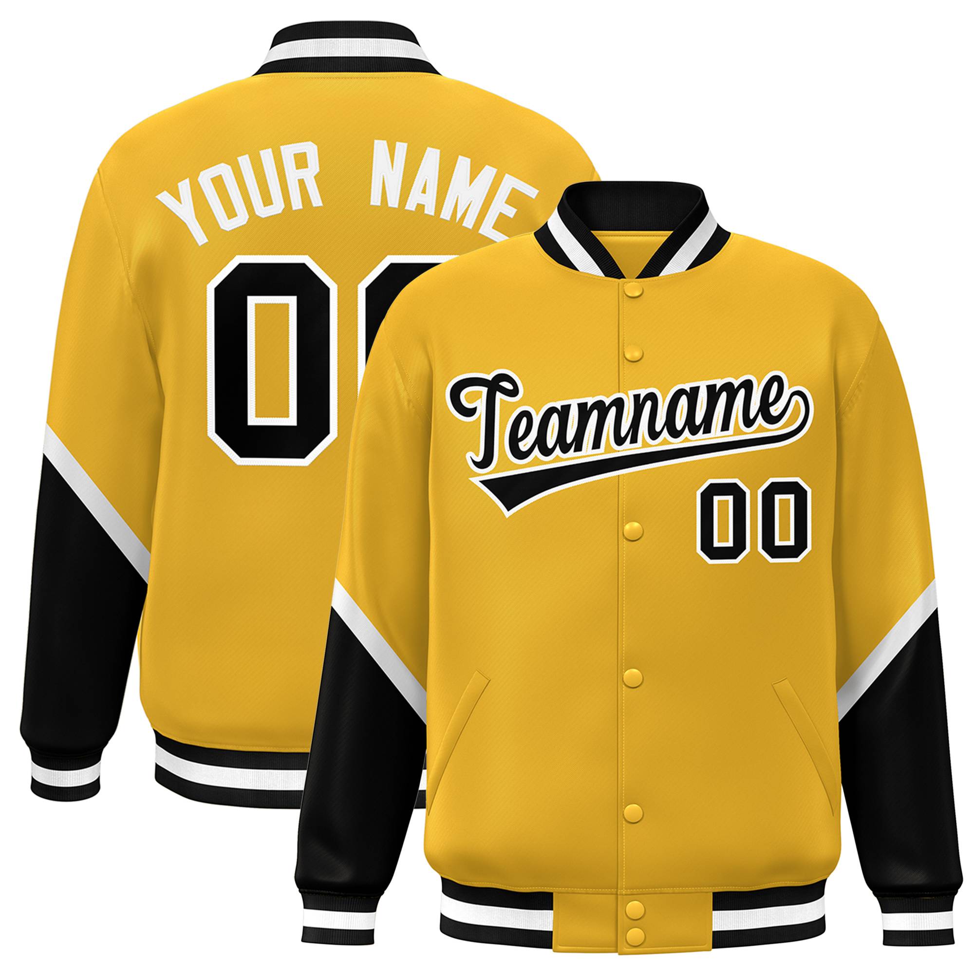 Custom Gold Black Varsity Full-Snap Color Block Letterman Baseball Jacket