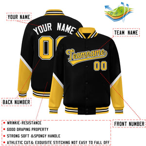 Custom Black Gold Varsity Full-Snap Color Block Letterman Baseball Jacket