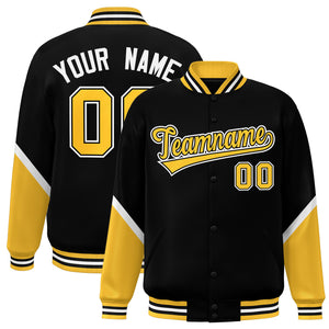 Custom Black Gold Varsity Full-Snap Color Block Letterman Baseball Jacket