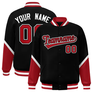 Custom Black Red Varsity Full-Snap Color Block Letterman Baseball Jacket