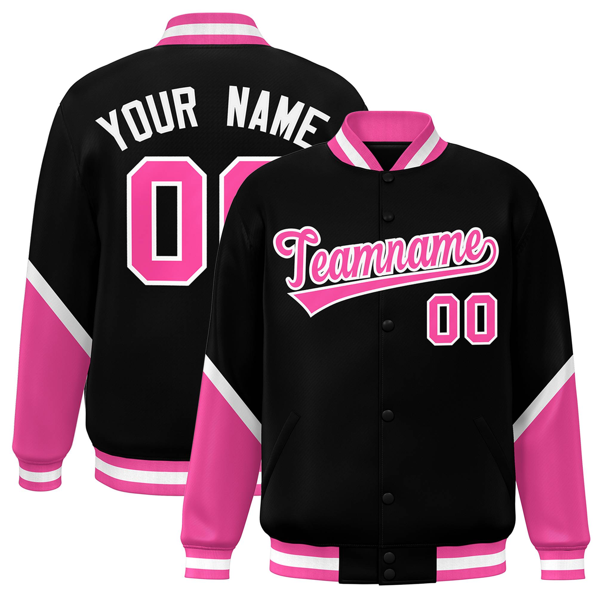 Custom Black Pink Varsity Full-Snap Color Block Letterman Baseball Jacket