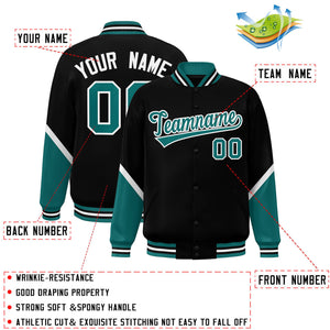 Custom Black Aqua Varsity Full-Snap Color Block Letterman Baseball Jacket