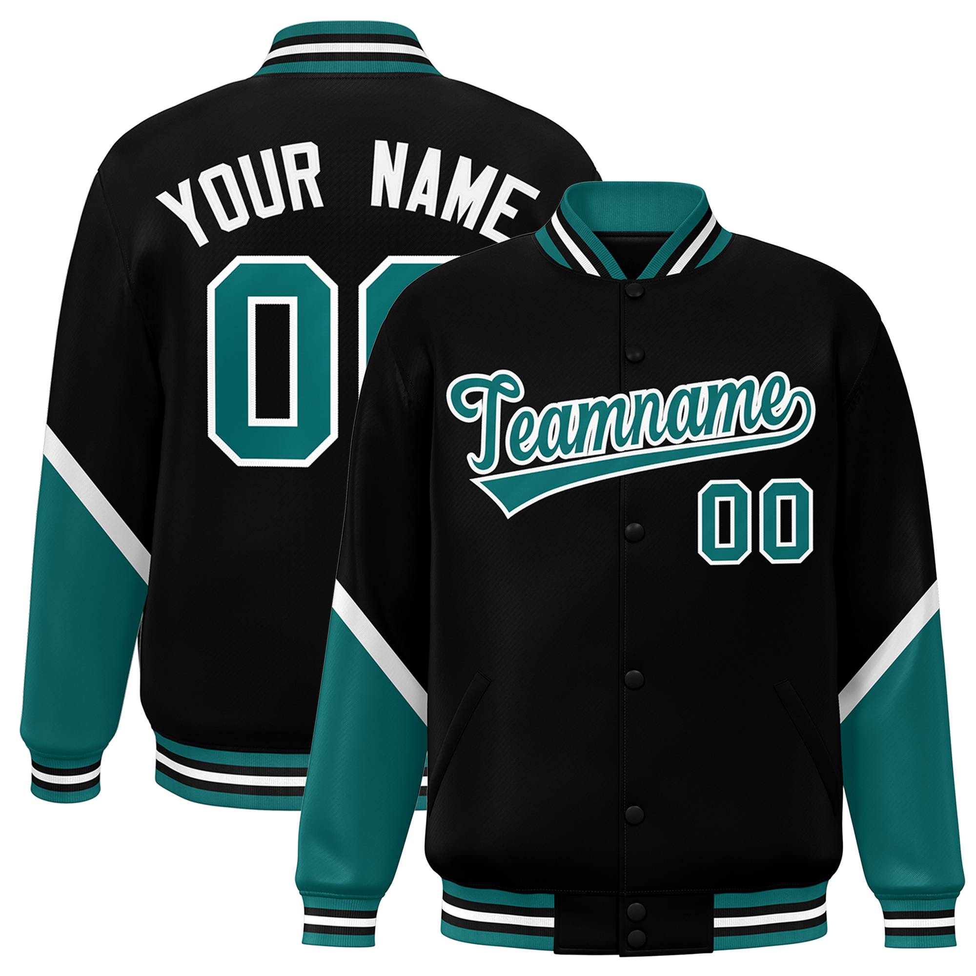 Custom Black Aqua Varsity Full-Snap Color Block Letterman Baseball Jacket